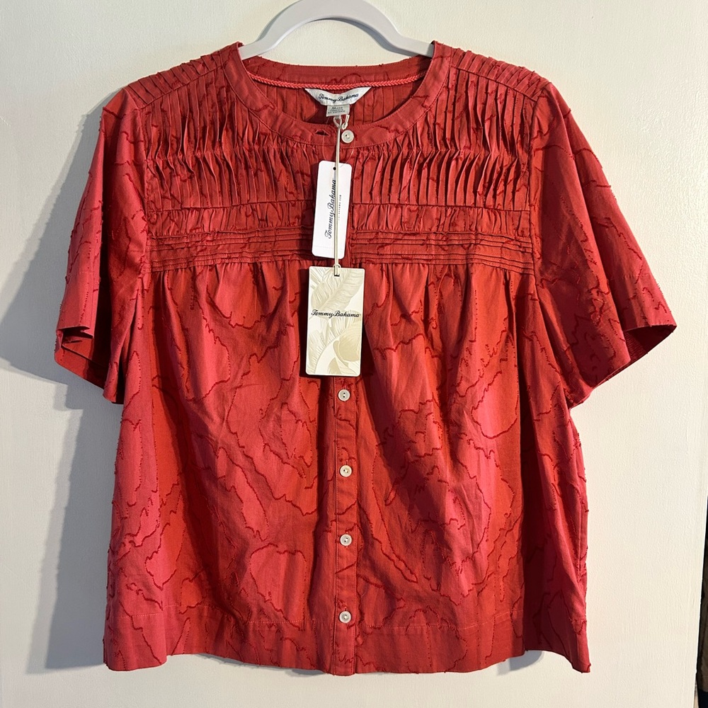 NWT Tommy Bahama Isla Dream Short-Sleeve Pintuck Blouse Floral Jacquard Pink